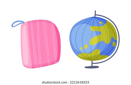Equipo de material escolar. Estuche de lápiz y papel de globo. Volver a la escuela concepto cartografía ilustración vectorial