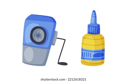 Set of school supplies. Pencil sharpener, glue bottle stationery. Back to school concept cartoon vector illustration