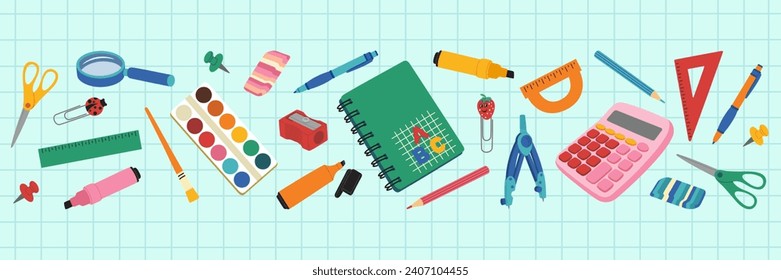 Set of school supplies. Pens, rulers, calculator, paints, pencils, markers, notebook, clips. Hand drawn vector illustration isolated on blue background, modern flat cartoon style.