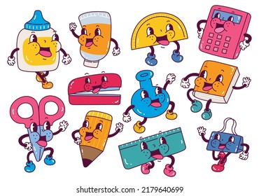 Set of school supplies in retro cartoon style illustration, vintage character vector art collection