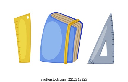 Set of school supplies. Ruler and pencil case stationery. Back to school concept cartoon vector illustration