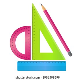Set of school supplies. Ruler, triangle, protractor and pencil. Geometry tools. Vector illustration