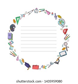 Set of school supplies. Sample cover with a round frame for notebook. Vector illustration.