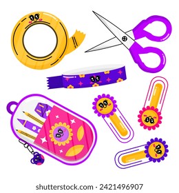 Set of school supplies.  A scissors, cute pin,  stuff children need in school. Isolated on white background. Pack of trendy vectors.