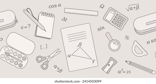 Set of school supplies. Seamless border. Book, notebook, pencil, pen, calculator, scissors, ruler, pencil case, sharpener. Vector illustration.