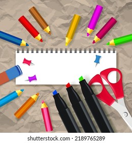 Set of school supplies and spiral block note. Pencil, markers, scissors and eraser in a realistic style. 3d objects. Back to school template