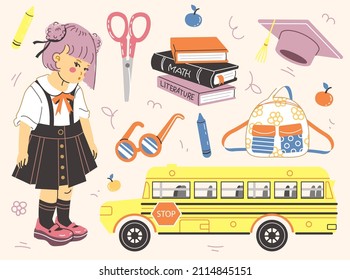 Set of school supplies and stationery. Children's cute graphic elements, icons, items for design, print, fabric, stickers and more. Back to school concept. Vector illustration in cartoon flat style