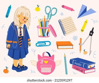 Set of school supplies and stationery. Children's cute graphic elements, icons, items for design, print, fabric, stickers and more. Back to school concept. Vector illustration in cartoon flat style