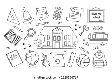 Set of school supplies or stationery with contour lines on white background. Set of drawings of accessories for lessons, items for education. Monochrome vector illustration.