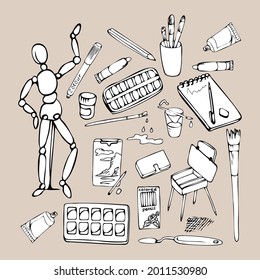 Set of school supplies or stationery hand drawn with contour lines on a white background. Accessories for lessons, subjects for teaching. Vector illustration