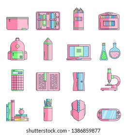 Set of school supplies or stationery icons in flat color line style. Back to school thin outline icons: pen case, pencil box, backpack, laptop, books, sharpener, flask, microscope, calculator