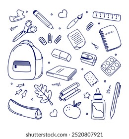 Set school supplies or stationery. Items for education. Cute vector illustration doodle. Back to school concept.