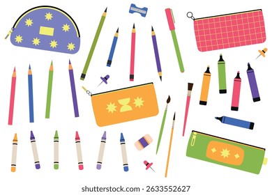 Set of school supplies. School stationery: pencil cases, pencils, markers, wax crayons, colored pencils and lead pencils. Vector illustration.