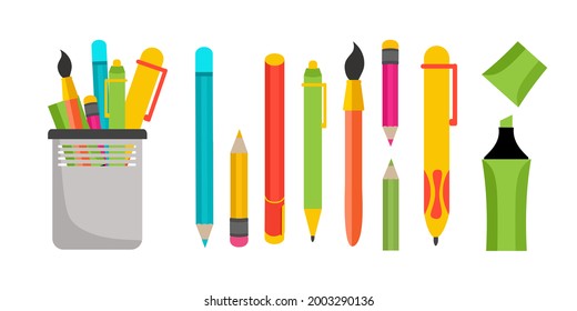 A set of school supplies, stationery, pens, pencils, markers. Vector illustration in a flat style.