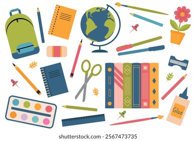 Set of school supplies. School stationery and supplies. Vector illustration, EPS 10.	