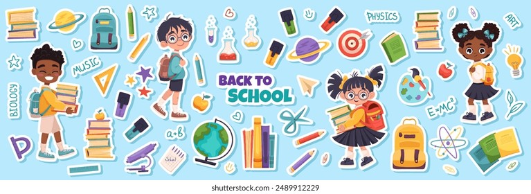 Set of school supplies stickers with back to school concept, educational stickers. Cute school children, notes, plans, to do list, books. Vector cartoon stickers for print, cards, stationery.