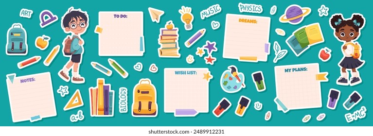 Set of school supplies stickers with back to school concept, educational stickers. Cute school children, notes, plans, to do list, books. Vector cartoon stickers for print, cards, stationery.