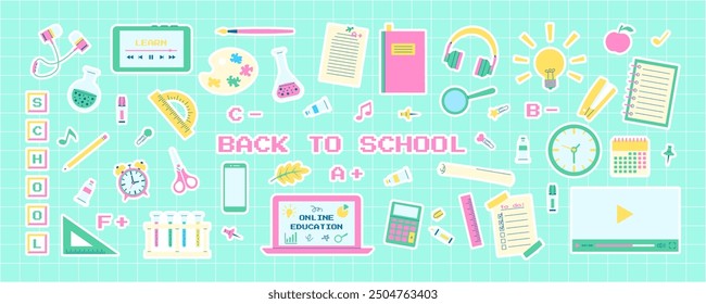 Set of school supplies stickers. Back to school. Online learning Vector illustration with school theme in flat style