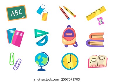 Conjunto de pegatinas de útiles escolares con concepto de regreso a la escuela, pegatinas educativas. Libros lindos, bolso, Regla, tablero, papel, lápices. Pegatinas de dibujos animados de Vector para imprimir, tarjetas, papelería.