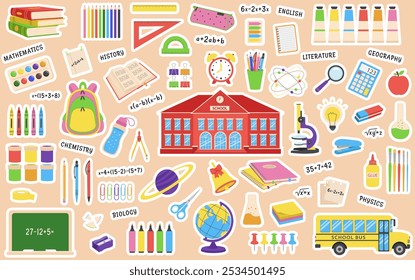 Set of school supplies stickers. Back to school.