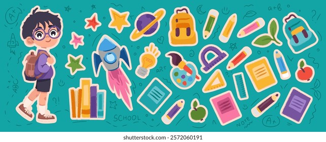 Set of school supplies stickers with back to school concept, educational stickers. Cute school children, notes, plans, to do list, books. Vector cartoon stickers for print, cards, stationery