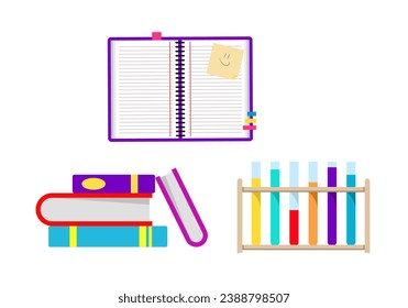 Set of School supplies. Stickers with notebook, stack of books and stand with chemical flasks. Back to school. Stationery for education. Cartoon flat vector illustrations isolated on white background