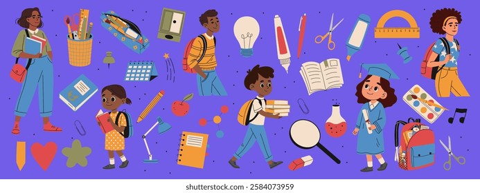 Set of school supplies. School student, backpack, apple, calendar, test tube, ruler, sharpener, pencil, pen, eraser. Hand drawn illustration