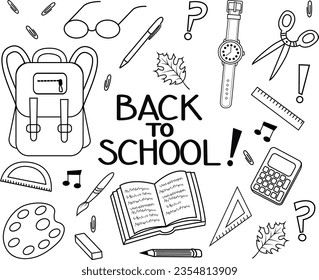 A set of school supplies for study: backpack, pencils, brushes, paints, ruler, sharpener, stickers, calculator, books. Cute stationary items for kids. Back to school. Flat illustration.