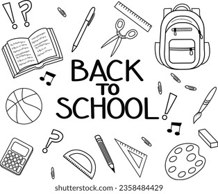 A set of school supplies for study: backpack, pencils, brushes, paints, ruler, sharpener, stickers, calculator, books. Cute stationary items for kids. Back to school. Flat illustration.