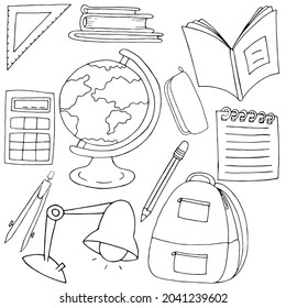 a set of school supplies for study - a ruler, a globe, textbooks and books, a notebook, a lamp, a backpack, a pencil case, a notebook, set of vector elements in doodle style with black outline, colori