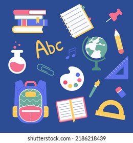 Set of school supplies and stuff. Back to school concept. Flat vector illustration.
