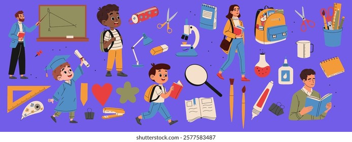 Set of school supplies. Teacher, graduate, student, high school student, backpack, button, books, scissors, pen, marker, lamp, microscope. Hand drawn illustration