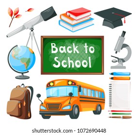 Set of school supplies and tools, Back to school, vector cartoon