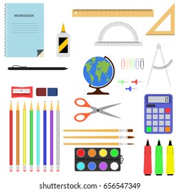 Set of school supplies and tools. Isolated on white background. Vector illustration.