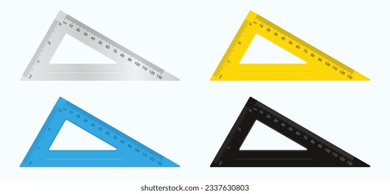 Set of school supplies, triangle ruler in metallic, yellow, blue and black colors. Vector illustration.