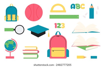 Set of school supplies. Vector flat illustration. Back to school. Childrens school collection 