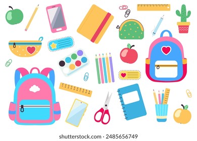 Set of school supplies. Vector flat illustration.