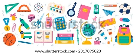 Set of school supplies. Vector flat illustration in hand drawn style. Back to school