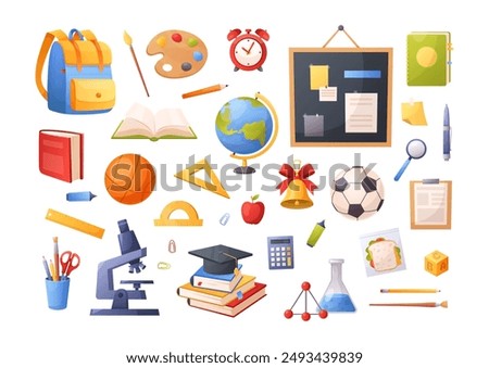 Set of school supplies. Vector icon set of school supplies with backpack, stickers, stationery, globe, pencils, brushes, alarm clock, sport ball, stacks of books, notebook. Back to school illustration
