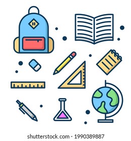 set of school supplies vector illustration. Equipment for school. The design concept is suitable for making stickers and more. Flat cartoon style.