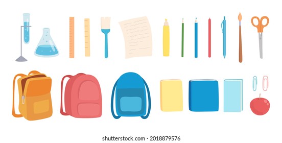 Conjunto de material escolar ilustrativo vectorial. Diferentes accesorios de aprendizaje consisten en bolsos, transportadores, reglas y diseño plano de manzana roja. Feliz concepto de beca aislado en blanco pálido.
