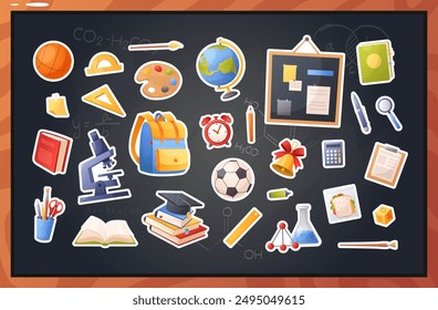 Juego de útiles escolares. Conjunto de pegatinas de Vector de útiles escolares con mochila, pegatinas, globo, lápices, pinceles, despertador, bola deportiva, pilas de libros, cuaderno. Ilustración de regreso a la escuela