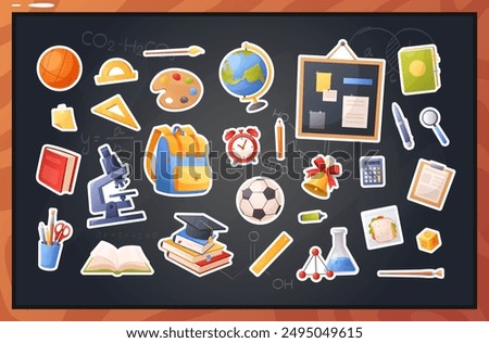 Set of school supplies. Vector sticker set of school supplies with backpack, stickers, globe, pencils, brushes, alarm clock, sport ball, stacks of books, notebook. Back to school illustration