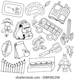 set of school supplies, writing tools, black outline on white background, hand drawing sketch, vector illustration