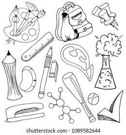 set of school supplies, writing tools, black outline on white background, hand drawing sketch, vector illustration