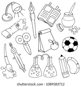 set of school supplies, writing tools, black outline on white background, hand drawing sketch, vector illustration