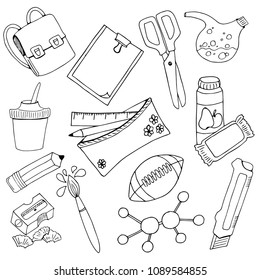 set of school supplies, writing tools, black outline on white background, hand drawing sketch, vector illustration