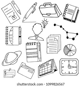 set of school supplies, writing tools, black outline on white background, hand drawing sketch, vector illustration