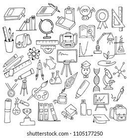 Set Of School Supplies, Writing Tools, Black Outline On White Background, Hand Drawing Sketch, Vector Illustration
