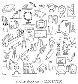 set of school supplies, writing tools, black outline on white background, hand drawing sketch, vector illustration